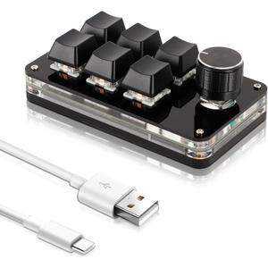 Dioche USB Mini 6Key Keypad Mechanical Programmable Gaming Keyboard Portable One Handed Mechanical Macro Pad Shortcut Programmable Keyboard with Knob for PC Gamer(Full Black)