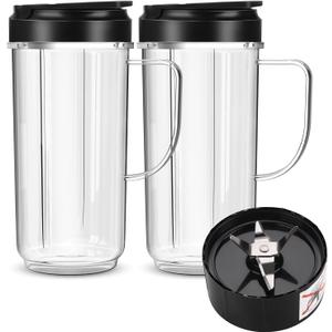 2 Pack Magic Bullet Blender Cups, Tall 22oz Cup with Flip Top To-Go Lid & 4 Fins Cross Blade Blender Replacement Parts, Replacement Cup Mug with Handle Compatible with Magic Bullet 250w MB1001