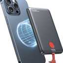 Slim Magnetic Power Bank 5000mah, PD 20W Fast Charging Travel Battery Pack, Pocket Size Portable Charger with Built in USB C Cable for iPhone 15/16 Series Samsung Android (USB C black)