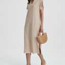 Women's Polo V Neck Midi Dress Short Sleeve RIC Rac Loose Split Long Shirt Dress Khaki (XL)