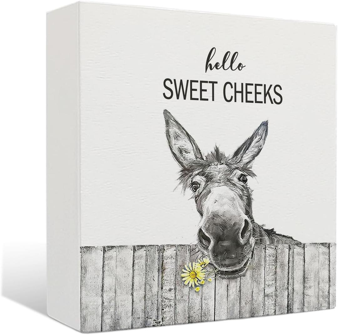 2 x Funny Bathroom Wooden Signs - Rustic Hello Sweet Cheeks Bathroom Decor, Funny Donkey Farmhouse Decor, 5 X 5 Inches