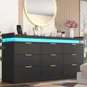 9 Drawer Dresser for Bedroom, Black Dresser with LED Lights and Power Outlet, Large Wooden Dressers Modern Chest of Drawers, Triple Wide Drawer Organizer Cabinet for Bedroom, Entryway, Hallway
