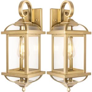 2-Pack 18 Gold Light Fixtures Outdoor Wall Lights Exterior Lanterns, Brass Porch Lights Outside Anti-Rust Aluminum Patio Lights for House Clear Glass Wall Mount Lighting, IP65 Waterproof (Without Sensor)