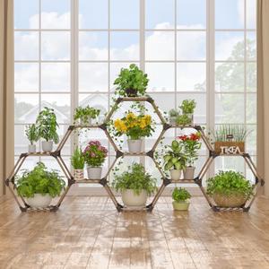 Tikea - Hexagonal Plant Stand Indoor Outdoor Indoor Outdoor Large 11 Tier Wooden Shelf Creative Flower Decoration for Living Room Balcony