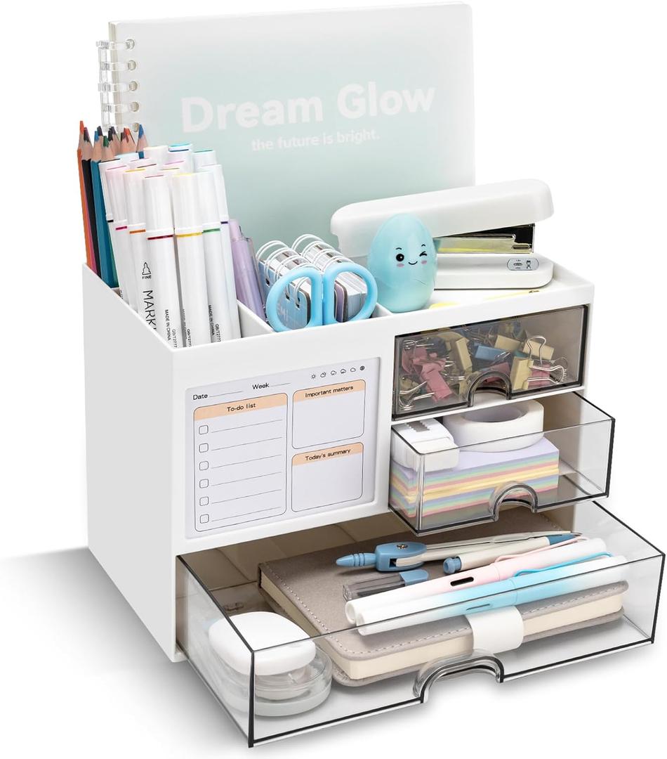 Desk Organizer with 3 Drawer, Multi-Functional Pencil Pen Holder for Desk, Desk Organizers and Storage with 8 Compartments, Desktop Organizer for Office Home Art Supplies (White) Desk Organizer with 3 Drawer, Multi-Functional Pencil Pen Holder for Desk, Desk Organizers and Storage with 8 Compartments, Desktop Organizer for Office Home Art Supplies (White)