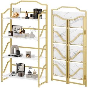 JSB 4 Tier No Assembly Folding Bookshelf, Foldable Storage Bookcase for Home Office, Space-Saving Storage Shelf for Living Room, Bedroom (White&Gold, 4-Tier)