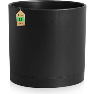 WSMKSZ 12 inch Large Deep Plant Pots for Outdoor Indoor Plants, Tall Cylinder Flower Pots with Drainage Holes and Saucer, Big Decorative Plastic Planter Pots for Garden Porch House Plants, Black