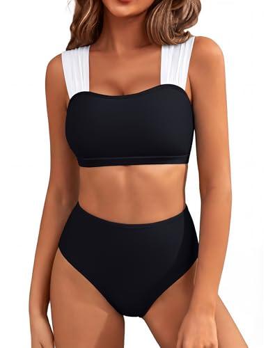 Blooming Jelly Womens High Waisted Bikini Color Block Tummy Control Swimsuits Shapewear Sporty Supportive Bathing Suit (L, Black)