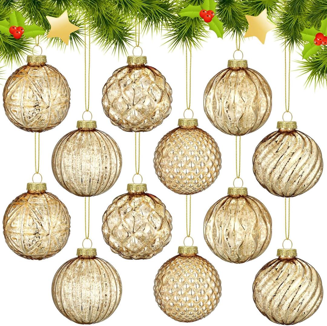 Jenaai 12 Pcs 2.36 Inch Gold Glass Christmas Ball Ornaments Vintage Christmas Tree Decorations Mercury Glass Hanging Ornaments for Trees Xmas Holiday Party Garland DIY Craft Supplies, 6 Style