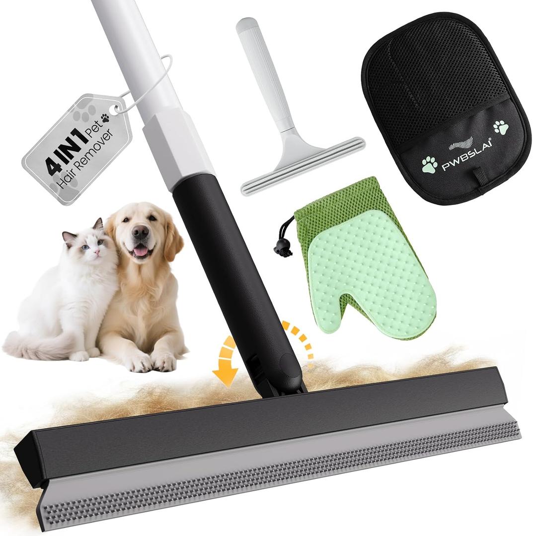 Carpet Rake for Pet Hair Removal Tool - 4 in 1 Pet Hair Remover Kit for Dog Cat Fur Remover, Contain 60" Adjustable Rubber Broom, Glove, Magic Brush and Scraper for Furniture (Black)