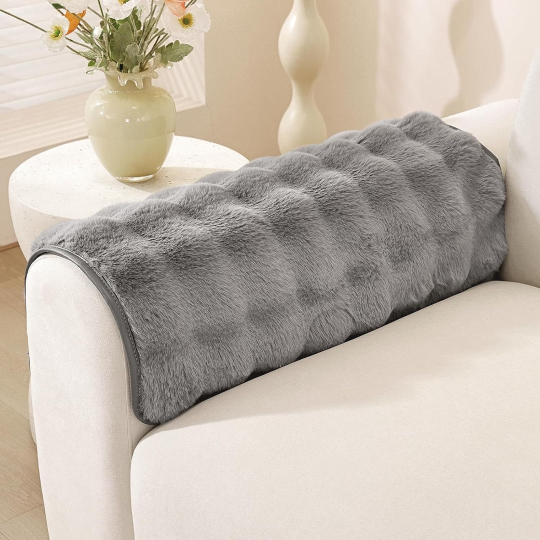 OstepDecor Faux Fur Couch Arm Covers, Fuzzy Soft Bubble Arm Chair Covers, Headrest Backrest Armrest Covers for Dogs Cats Pet Loveseat Recliner Leather L Shaped Sofa (2 Pack 20" x 24", Grey)