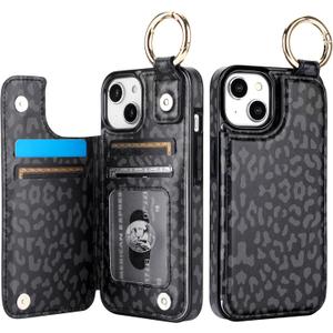 HAOPINSH for iPhone 13 iPhone 14 Wallet Case with Card Holder, Black Leopard Cheetah Print Back Flip Folio PU Leather Kickstand Card Slots Case, Finger Grip Ring Double Magnetic Clasp 6.1"