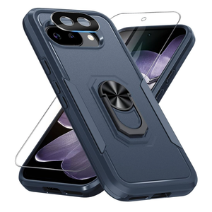 for Google Pixel 9a Case with Screen Protector+ Camera Lens Protector, Heavy Duty Shockproof Full Body Protective Cover Built in Rotatable Metal Ring Holder Kickstand,2025 Navy Blue