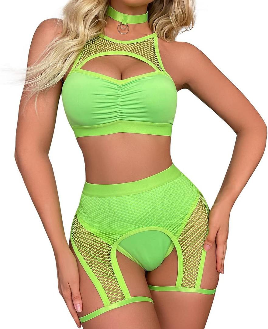 Women Rave Outfits Cutout Fishnet Top Booty Shorts Bottom Choker 3Pcs Babydoll Nightwear Festival Lingerie (Medium, Fluorescent Green)
