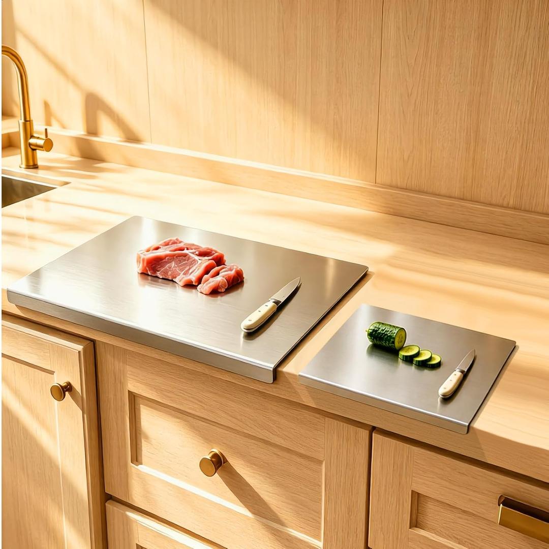2Pcs L-Shaped Stainless Steel Cutting Board with Lip, 304 Metal Chopping Board Double-Sided Use, 27.5x19.6" & 15.7x11.8" Pastry Kneading Board for Meat Fruits Veggies Bread, Easy-Clean Dishwasher Safe, XXX-Large