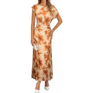 BLENCOT Women's Floral Off Shoulder Maxi Dress Ruched Bodycon Summer Wedding Guest Party Gown (Large, Brown)