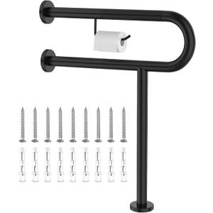 Toilet Support Rail w/Toilet Paper Holder 24x28 Inch, ZUEXT Wall to Floor Matte Black Anti-Slip Handicap Grab Bar for Bathroom, Stainless Steel Safety handrails with Leg for Elderly Disabled Pregnant