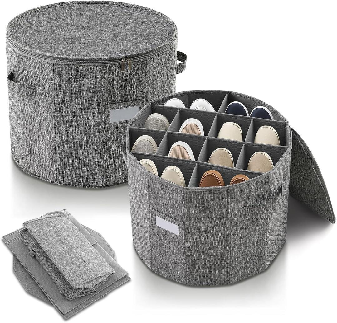 Ripeng 2 Pack Round Shoe Organizer for Closet, Cylindrical Shoe Storage Organizer with Removable Dividers and Lid, Foldable Closet Container Round Compartment Bins for Home (D17 X H13.2, Rectangular)
