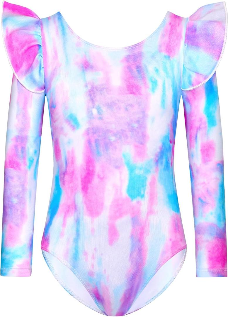 Long Sleeve Leotards for Girls with Ruffle 4D Stretch Ballet Dance Gymnastics Tumbling Wear Size 3-10T (Pink Blue Scrawl)