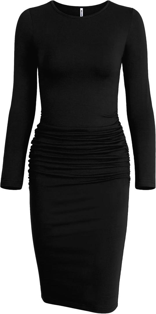 Missufe Women's Long Sleeve Ruched Casual Sundress Bodycon Sheath Knee Length Dress (Black)
