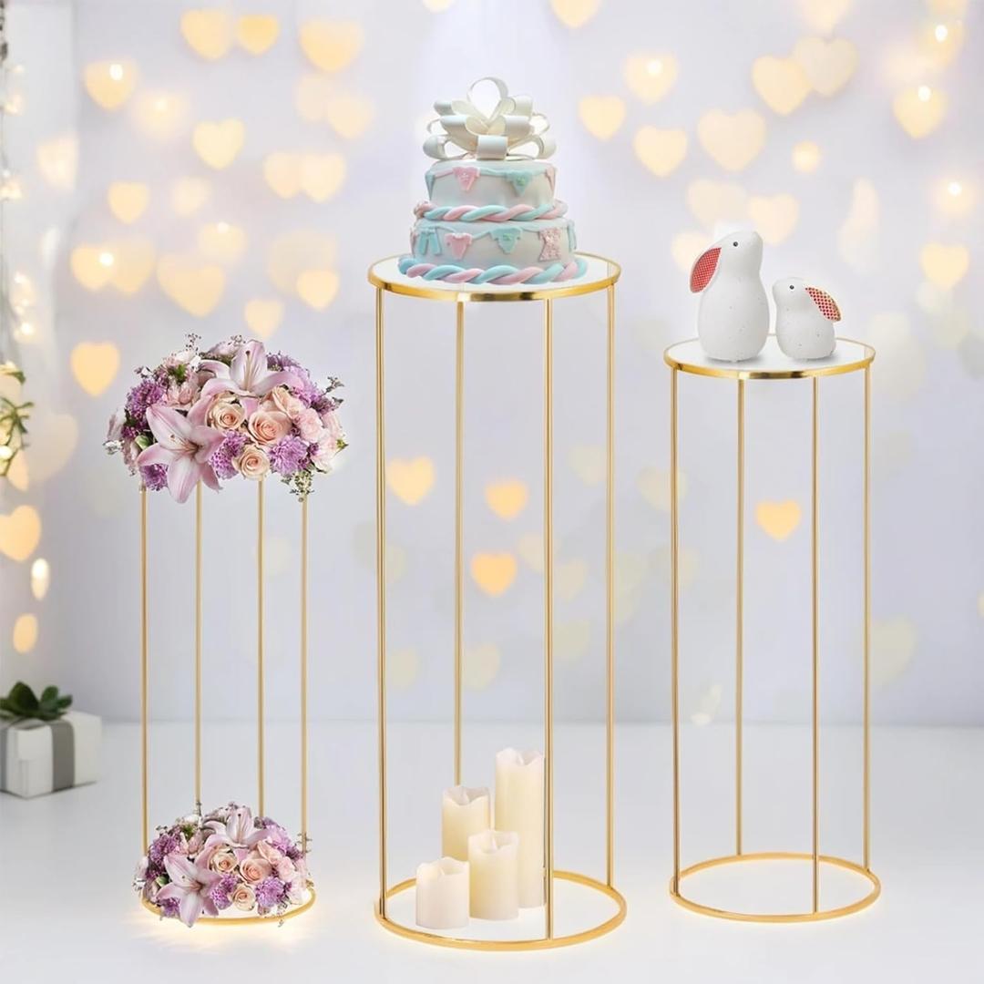 3pcs Gold Metal Plant Stand, Cylinder Pedestal Stands for Parties, Metal Plant Columns Pedestal Stands for Display, Round Cylinder Columns tables for Weddings Cake Stand Floor Plant Tables
