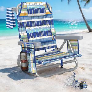 5-Position Backpack Beach Chair for Adults with Lumbar, Foldable Tall Heavy-Duty Beach Chairs with Cooler Bag,Cup Holder,Towel Rack for Beach, Camping, Outdoor