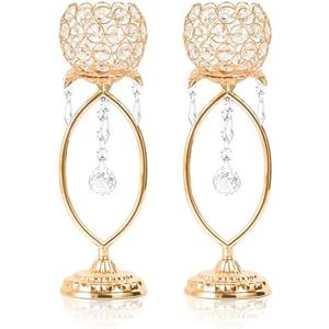 kehail 1 Pcs Gold Elegant Metal Crystal Tea Light Candle Holders with Bling Crystal Pendants, Hollow Design - Wedding Table Centerpieces for Anniversary Birthday Party, Home Decor
