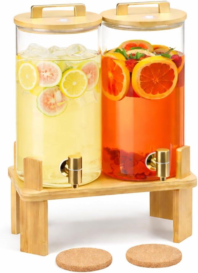 1.5 Gallon 2PCS Glass Drink Dispenser for Parties, Beverage Dispenser with Wooden Stand, Lemonade Dispenser, Juice Containers & Water Pitcher with Lid for Lemonade, Iced Tea and Party Drinks