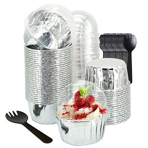 50 Pack Foil Cupcake Liners with Dome Lids,LNYZQUS 5oz Large Cupcake Cups,Disposable Muffin Tins Ramekins Pans Baking Cups Wrappers Holders-Silver