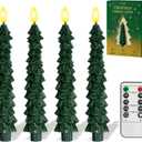 4 Pcs Christmas Tree-Shaped Flameless Taper Candles with Remote and Timer, 9.8'' Real Wax LED Window Candlesticks, 3D Flame Wick Battery Operated Christmas Tree Candles for Holiday Decoration (Green)