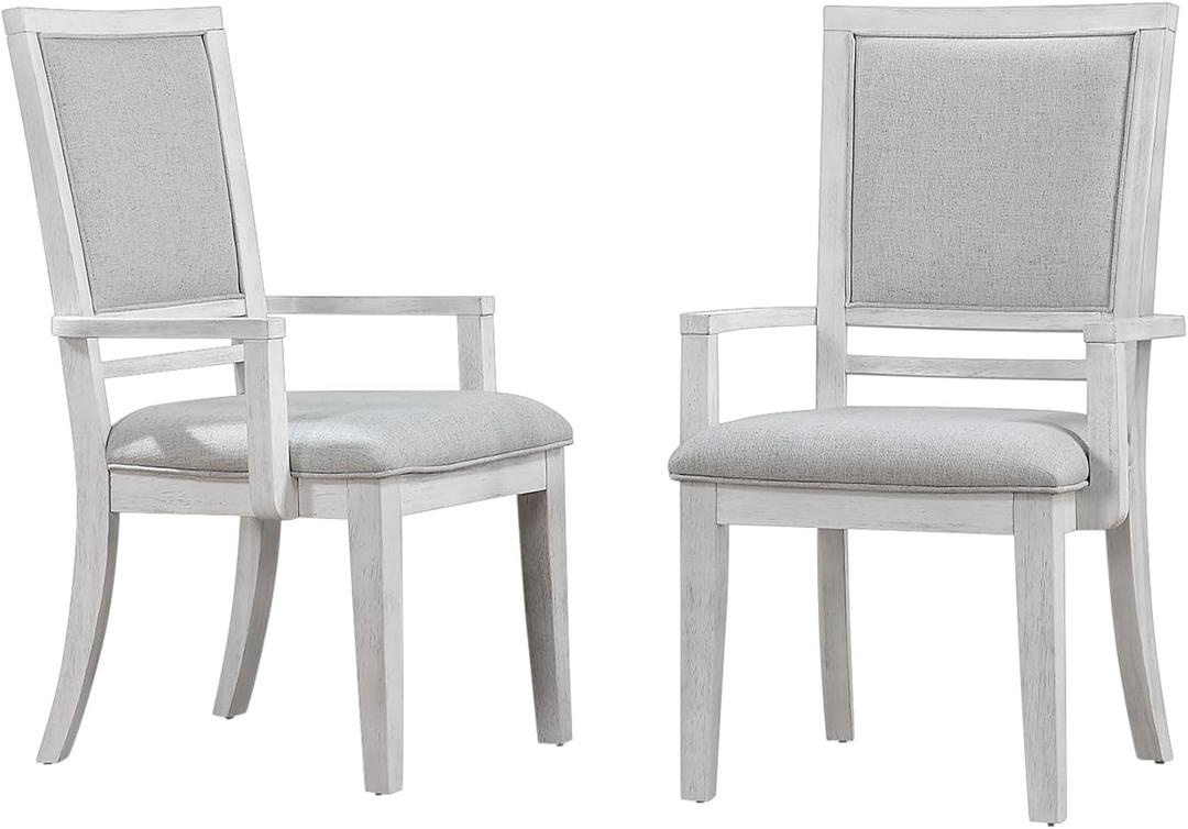 Sunset Trading Dover Upholstered Dining Chair with Arms | Wood-Framed Armchair with Padded Seat and Back | Set of 2 | Cerused White Oak Wood | Contemporary Coastal Kitchen Furniture
