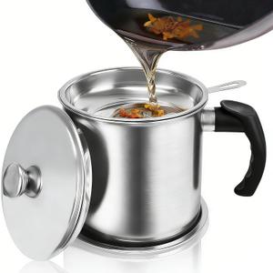 Bacon Grease Container with Strainer & Lid, 43oz Stainless Steel Grease Saver for Kitchen, Leakproof Oil Keeper with Non-Slip Handle, Fry Fat Storage Organizer for Cooking Oil/Grease