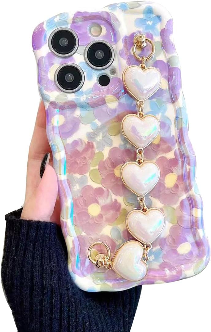 for iPhone 14 Pro Case, [Sparkling Purple Flower Oil Painting] [with Luxury Heart Bracelet] [Fashionable Wave Edge Shape] Soft TPU Drop and Shock Resistant for Women and Girls 6.1"