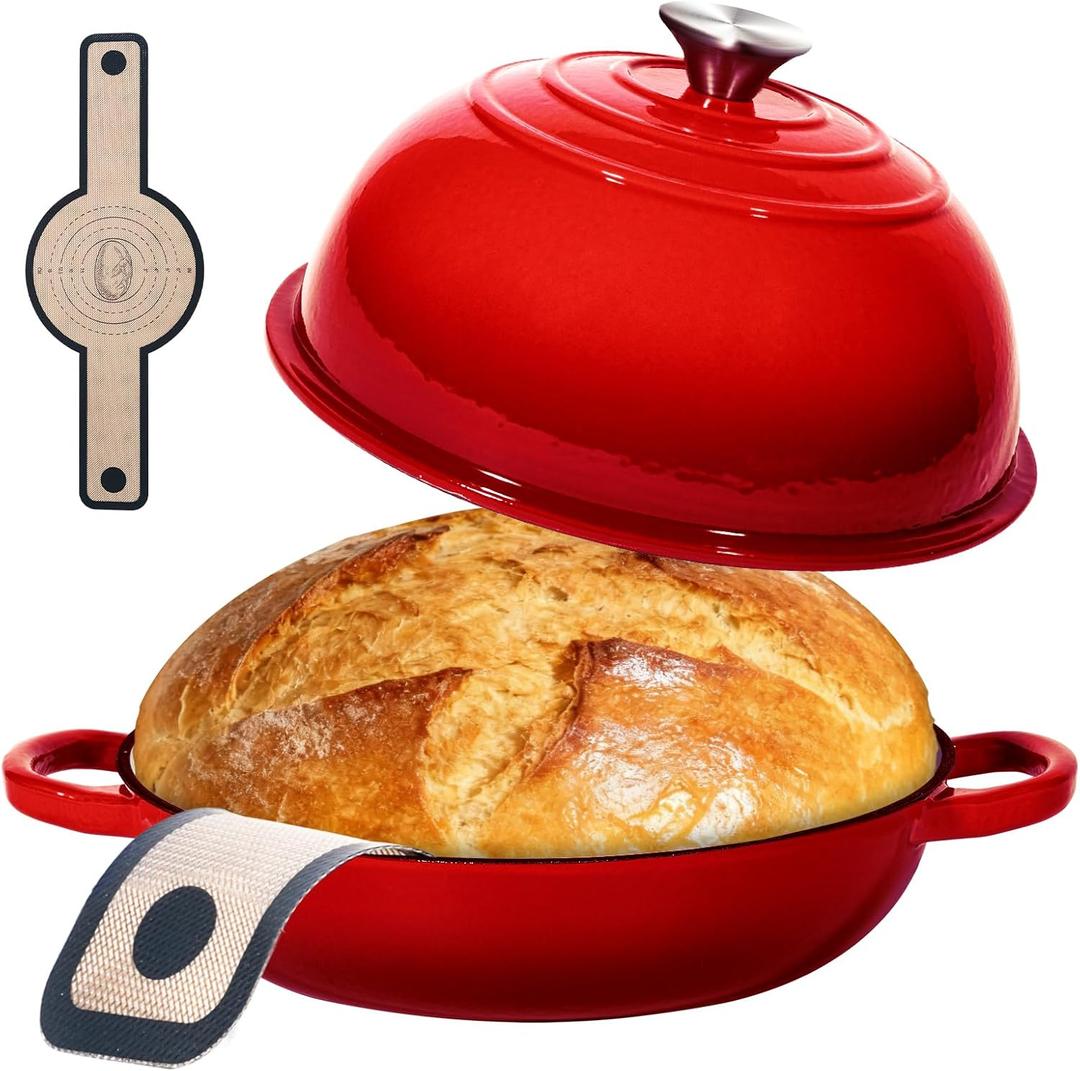 ONKO Dutch Oven For Sourdough Bread Baking, 6QT Enameled Cast Iron Dutch Oven Pot With Lid, Non-stick Sourdough Baking Pan with Bread Dome, Round Ceramic Dutch Ovens Pot with Cloche for Homemade (Red)