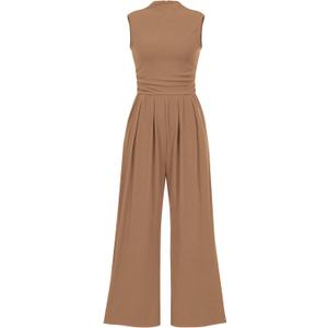 PRETTYGARDEN Womens Summer Jumpsuits Dressy Casual One Piece Outfits Sleeveless Mock Neck Wide Leg Pants Rompers with Pockets (Brown, XXL)