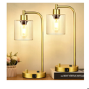 Set of 2 Industrial Table Lamps with Clear Glass&Gold(Base)-Two Bulbs Included