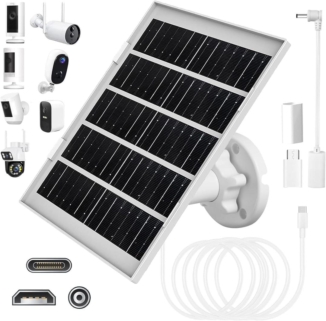 8W Solar Panel Charger for Outdoor Security Cameras, with Micro USB/USB-C and DC (35 x 135) Port, Fits Ring/Eufy/Wyze/Bird Feeder Camera, 13ft Cable, Fast Charging (1 Pack)