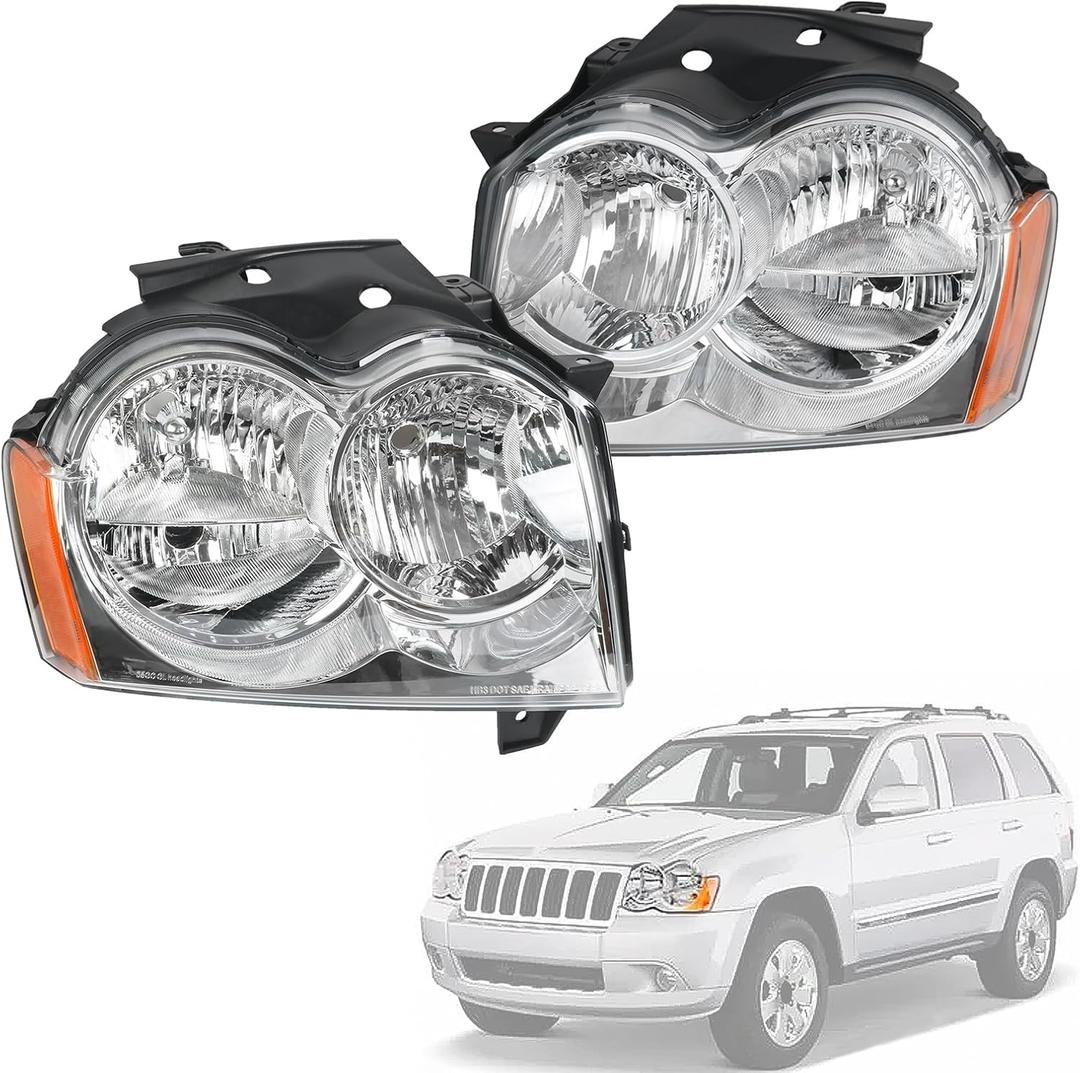 Headlights Assembly Replacement For Jeep Grand Cherokee 2005 2006 2007, Chrome With Amber Reflector