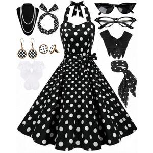 Women's 1950s Polka Dress Set Audrey Vintage-Inspired Cocktail Halter Swing Dress with Accessories 10PCS (Large, Black)
