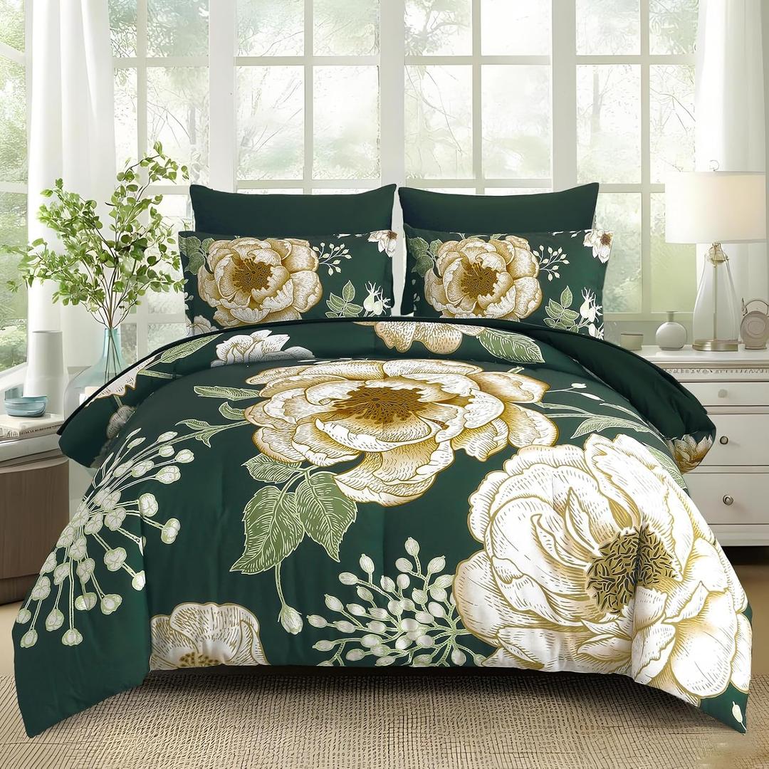 Luxudecor Floral Comforter Set King Size 7 Pieces Bed in a Bag,Beige Flower Print on Dark Green Bedding Set,Soft Microfiber Bedding Set for All Season (Dark Green,104"x90")