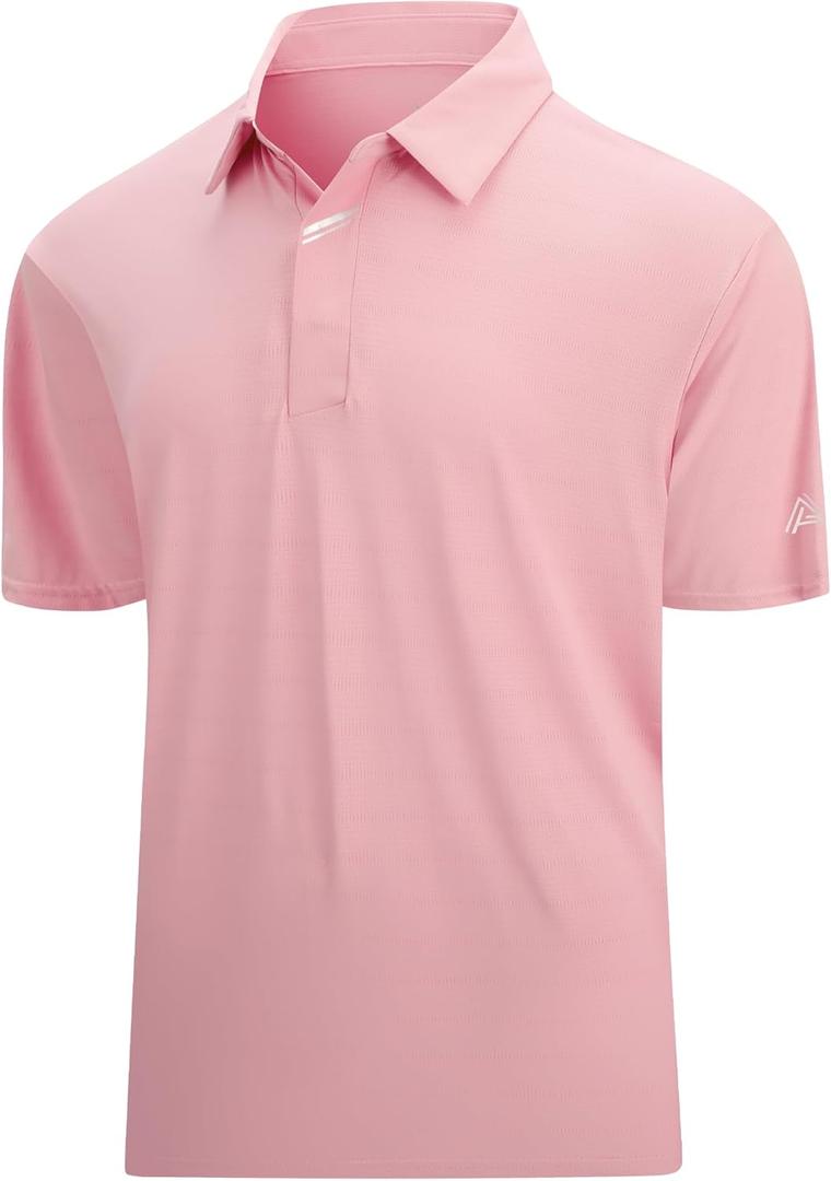 Esabel.C Jacquard Golf Shirts for Men Moisture Wicking Short Sleeve Performance Dry Fit Active Men's Polo Shirts (X-Large, Pink Stripe)