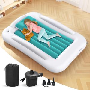 Inflatable Toddler Travel Bed - 60 Inches Portable Toddler Bed for Travel with Safety Sides - Cozy Kids Air Mattress Set with High-Speed Pump & Carry Case - Easy to Inflate(Teal Blue)