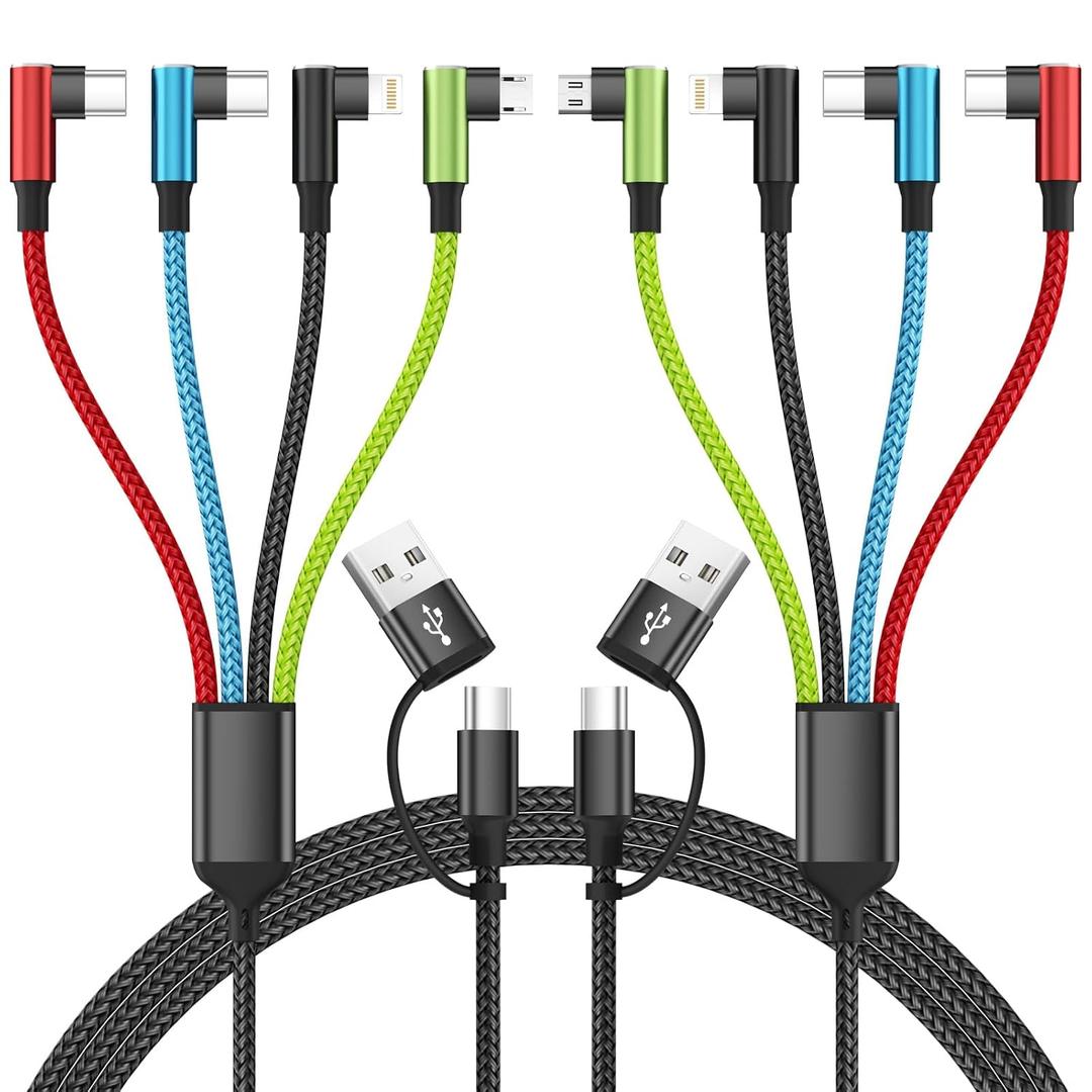 Travel Essentials 90 Degree Charging Cable, 4 in 2 USB A/USB C Multi Charging Cable, Right Angle Universal Phone Charger with IP/Type C/Type C/Micro Port, Compatible with Most Cell Phones and More