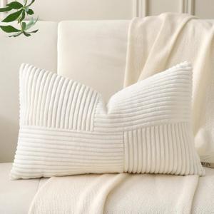 Cream White Lumbar Throw Pillow Cover 12x20 inch,Pack of 1 Soft Corduroy Cushion Cover with Patchwork Textured,Farmhouse Home Decor,Boho Decorative Rectangle Cushion Case for Couch Sofa