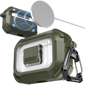 RFUNGUANGO for AirPods Pro 3 Case, Compatible with AirPods Pro 3 Generation Case (2025), Compatible with MagSafe, Magnetic Automatic Lock with Cleaner Kit and Keychain, Front LED Visible, Green
