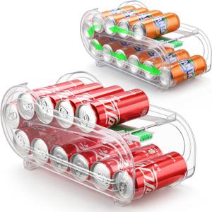 Soda Can Organizer for Refrigerator, Drink Organizer for Fridge, 2 Pack Automatic Rolling Can Dispenser Holder, Organize 11 Pcs Standard Long Cans
