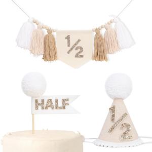 1/2 Birthday Party Decoration Set - Beige White Tassel High Chair Banner,Half Way to One Cake Topper,Glitter 1/2 Birthday Hat,Banner Cake Topper Hat 6 Months Party Supplies