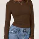 PRETTYGARDEN Long Sleeve Shirts for Women Fall Going Out Tops Casual Ribbed Knit Slim Fitted Basic Tees Y2K Spring Clothes (Brown, XS)