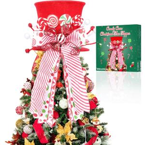 HMASYO Candy Cane Christmas Tree Topper, Velvet Red Tree Topper Hat with Candy Peppermint Bows Ribbon Ornament, Top Hat Christmas Tree Topper for Home Office Holiday Tree Decoration Xmas Gift