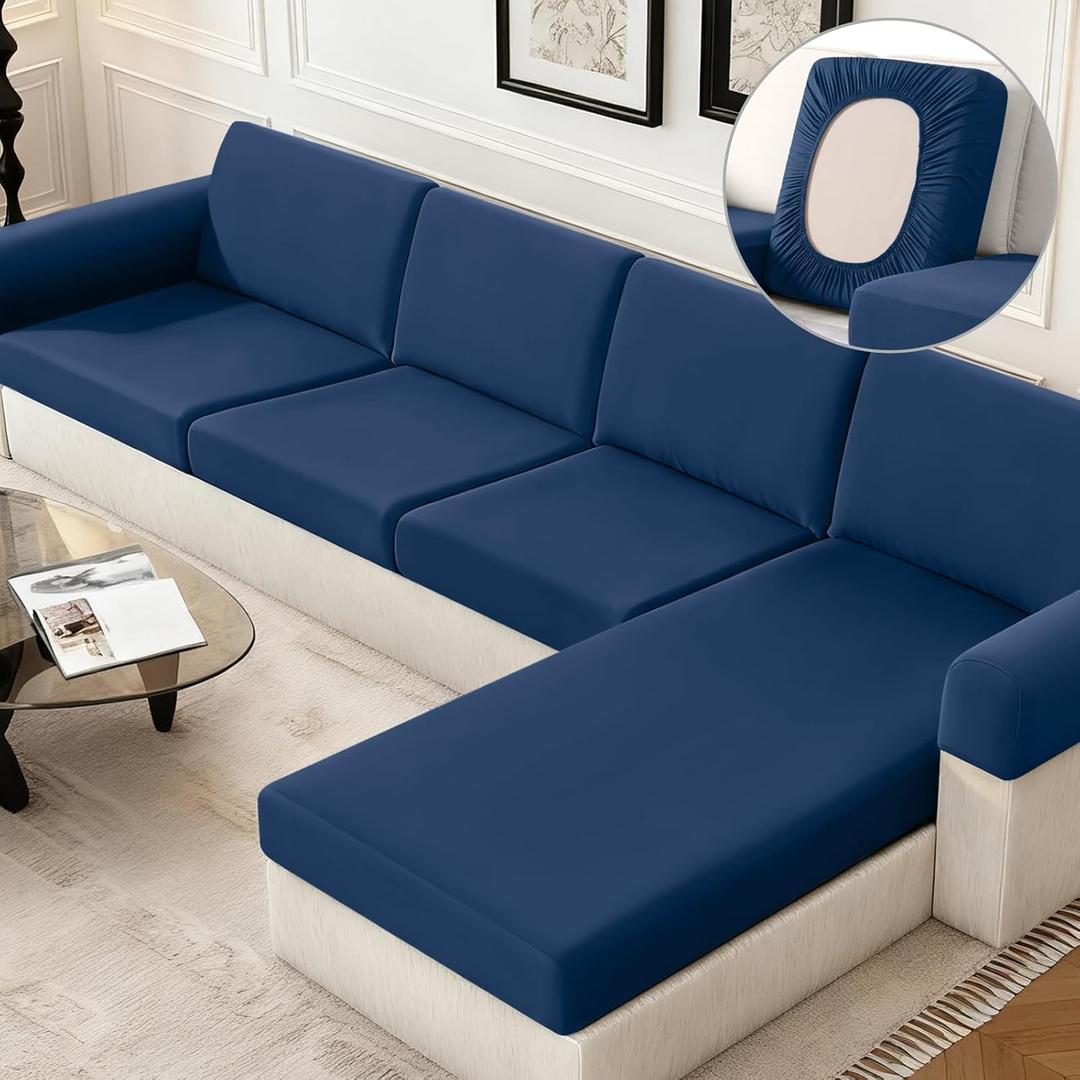 KinCam Sectional Couch Covers Stretch Couch Cushion Covers for L Shaped Couch Cover, Sofa Cushion Covers Washable 3 Pieces Sectional Covers Sofa Covers(2 Seater + 1 Chaise, Dark Blue)